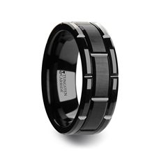 WINDSOR Beveled Black Tungsten Carbide Wedding Band with Brush Finished Center and Alternating Grooves - 8 mm & 10mm