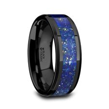 MARLOW Men’s Polished Black Ceramic Wedding Band with Blue Lapis Inlay & Beveled Edges - 8mm