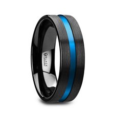 WESTLEY Flat Brushed Finish Black Ceramic Men’s Wedding Ring with Blue Grooved Center - 8mm
