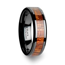 GABON Black Ceramic Band with Polished Bevels and Exotic Mahogany Hard Wood Inlay - 4 mm - 10 mm