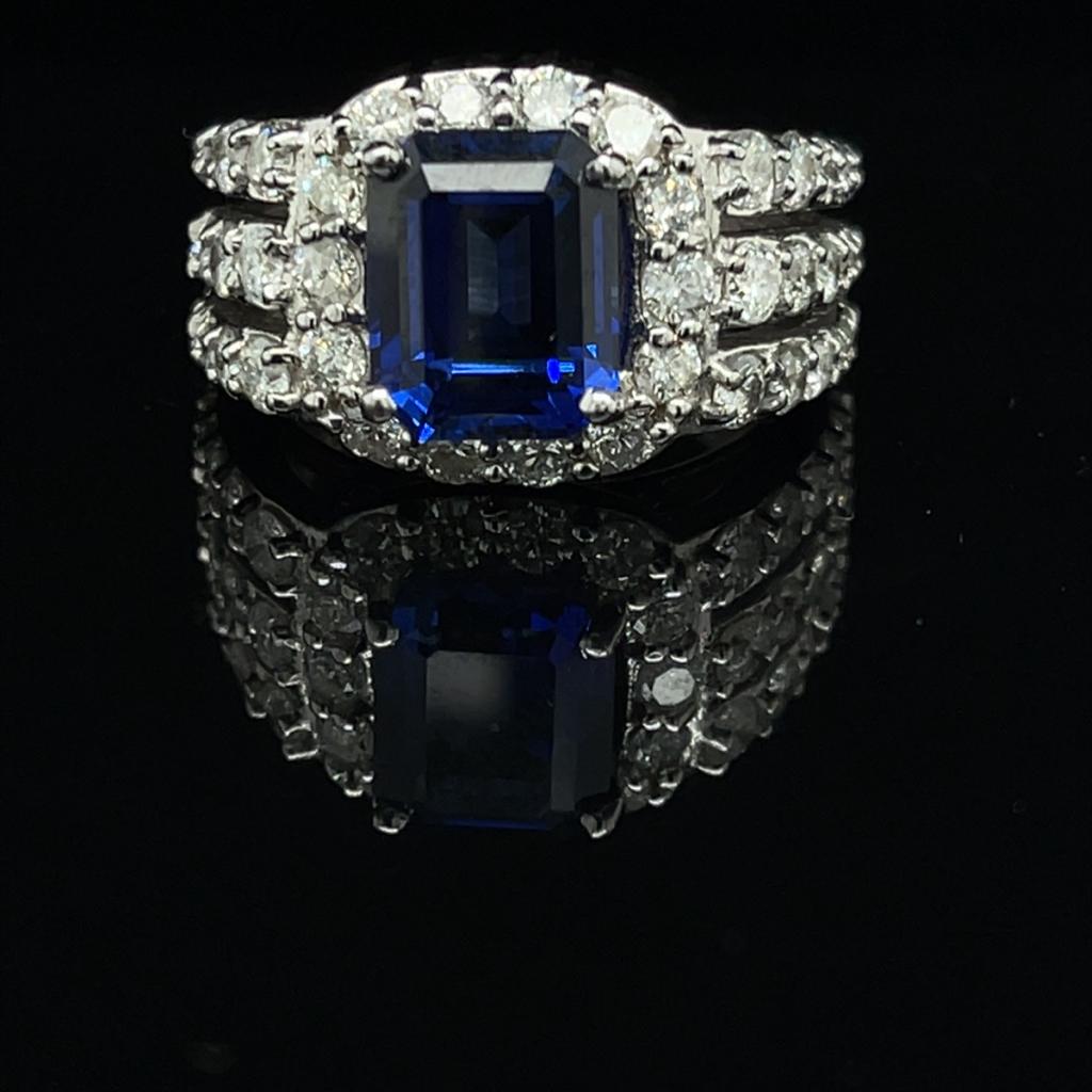 14K White Gold Halo Ring 4.0ct. Emerald Sapphire Center Diamonds Down Band 6.0 CTW 14K White Gold Halo Ring 4.0ct. Emerald Sapphire Center Diamonds Down Band 6.0 CTW