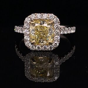 #Rod113B-9710000 3.00 ct. Cushion Cut Diamond Ring Center 2.26ct.Cushion Cut Fancy Light Yellow SI GIA 519609972215 18KWhite Gold Halo Setting