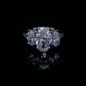 RODSTOCK 14K WHITE GOLD OVAL THREE STONE RING CENTER DIAMOND 2.58 CARAT LAB GROWN COLOR F AND CLARITY VS1WITH 2 SIDE STONES 0.50 CARAT LAB TO MATCH 3.58 CARAT TOTAL WEIGHT