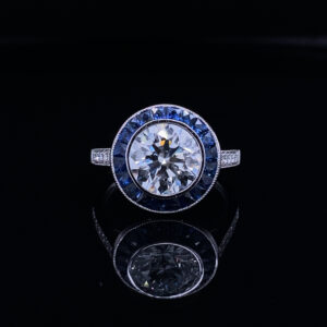 RODSTOCK PLATINIUM SETTING WITH HALO SAPHIRE RING CENTER STONE 2.44 CARAT ROUND. COLOR D CLARITY VS2. LAB GROWN 3.49 CARAT TOTAL WEIGHT