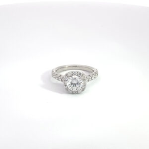 RODSTOCK 18K WHITE GOLD HALO RING 0.97 CARAT CENTER ROUND LAB GROWN COLOR F CLARITY VS1 1.50 CARAT TOTAL WEIGHT