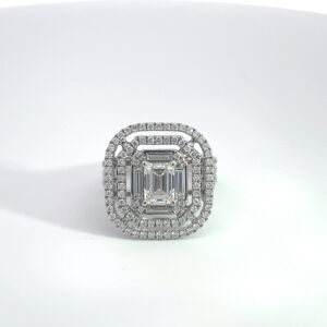 SHANE EMERALD CUT COLOR H CLARITY VS2 14K WHITE GOLD DOUBLE HALO RING 2.00 CARAT TOTAL WEIGHT