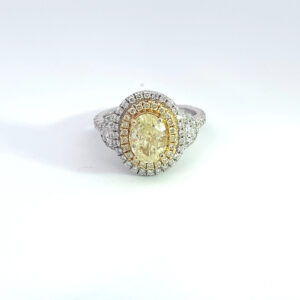 MEMO 3390 18K WHITE GOLD DOUBLE HALO LIGHT FANCY YELLOW OVAL 1.50 CARAT CLARITY VS1 2.00 CARAT TOTAL WEIGHT