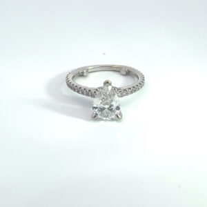 RODSTOCK PEAR SHAPE CENTER STONE 1.64 CARAT COLOR E CLARITY I1 WHITE GOLD BAND 0.35 CARAT. TOTAL CARAT WEIGHT 2.04