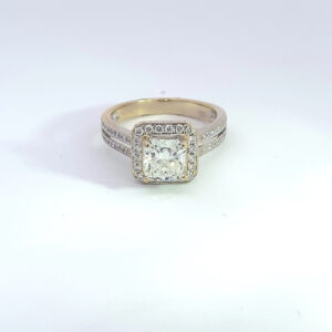 SHANE MEMO 18K WHITE GOLD CUSHION HALO RING 1.51 CUSHION CENTER DIAMOND COLOR E CLARITY SI2 TOTAL WEIGHT 2.51 CARATS