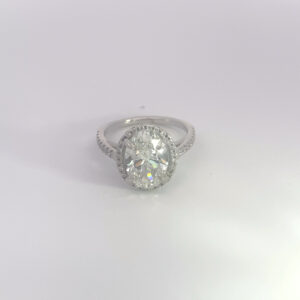 RODSTOCK 14K WHITE GOLD OVAL HALO RING CENTER DIAMOND 3.01 CARAT COLOR E CLARITY VS1 3.30 CARAT TOTAL WEIGHT