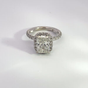 MEMO 3427 14K WHITE GOLD RADIANT 2.40 CARAT WITH HALO GIA COLOR J CLARITY SI2