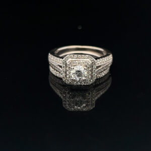14K White Gold Double Halo Diamond Ring with Matching Wedding Band 1.05 TW